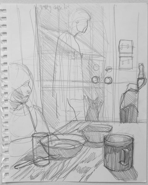Pencil sketch of a kitchen scene with people, kitchenware and cat.