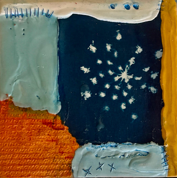 Mixed media collage with various textures and patterns on a dark background