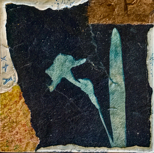 Abstract mixed media painting of a flower with a dark blue background