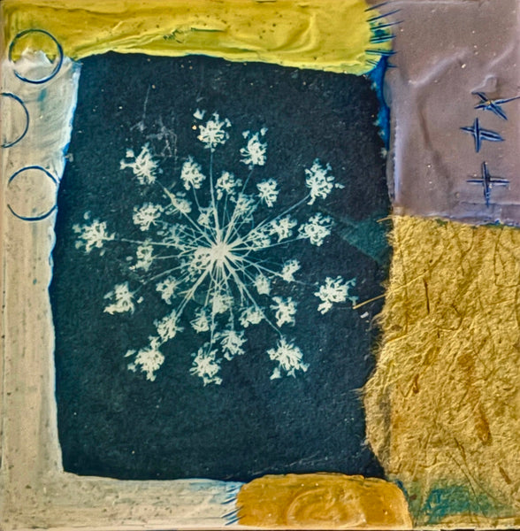 Mixed media painting of a flower on a textured background with geometric shapes