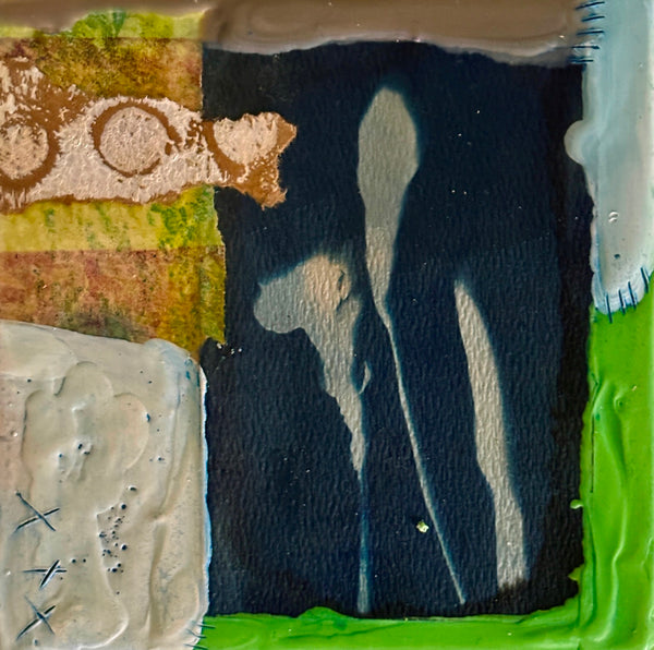 Mixed media painting with leafy plants on a textured surface with various patterns