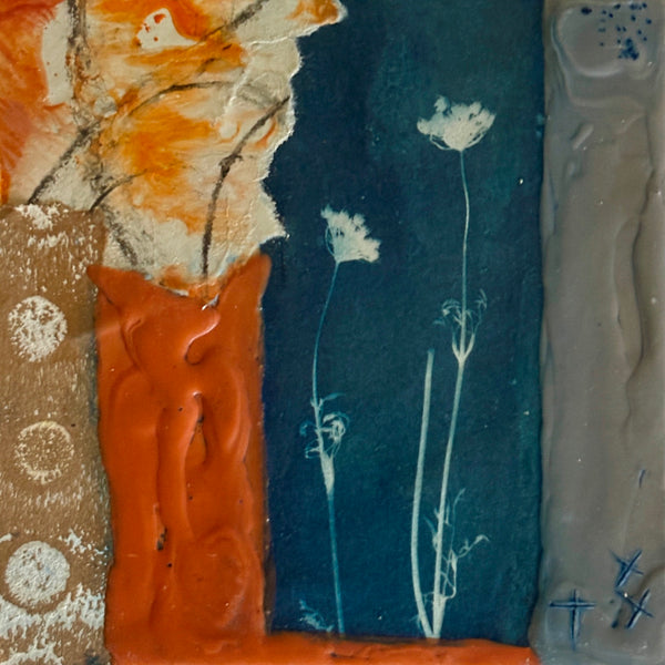 Mixed media painting of plants and abstract patterns on a textured surface
