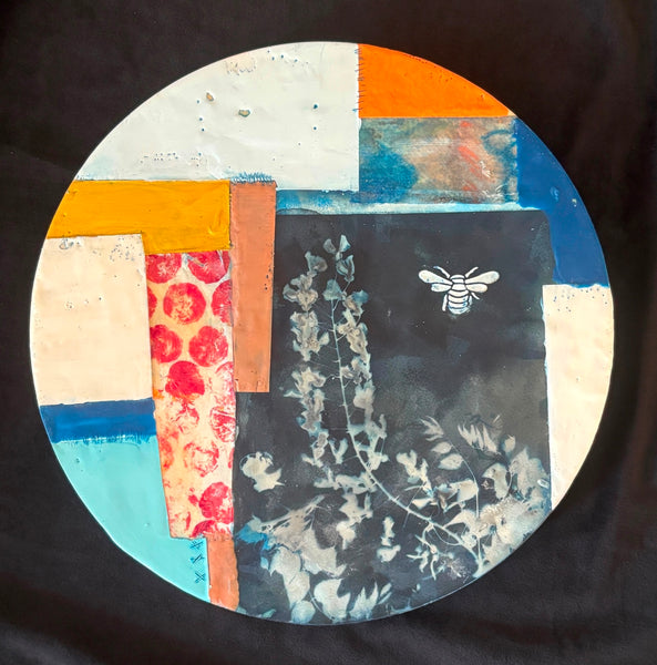 Circular mixed media painting with abstract patterns and a bee shape on a black background