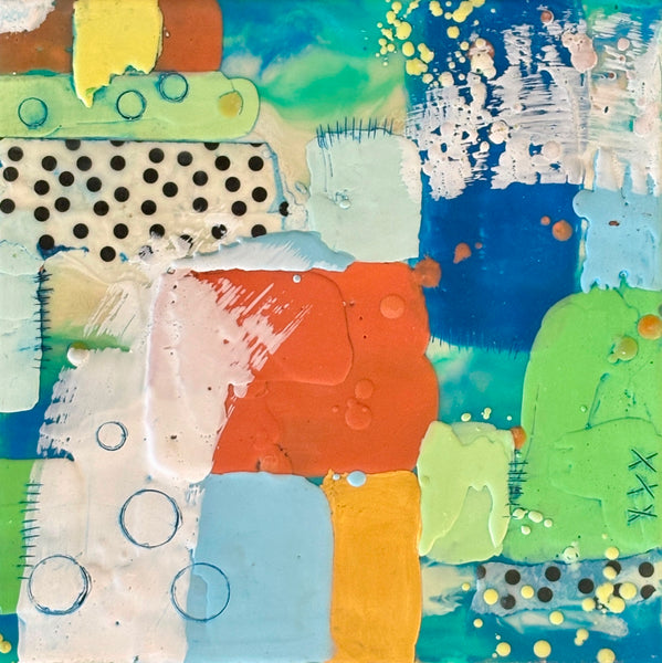 Abstract mixed media painting with colorful patches and patterns