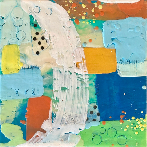 Abstract mixed media art piece with colorful brush strokes and shapes
