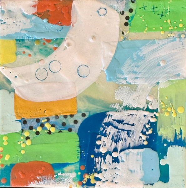 Abstract mixed media painting with colorful brush strokes and shapes