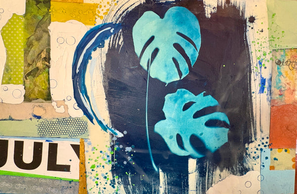 Abstract mixed media painting with blue leaf shapes on a multicolored background