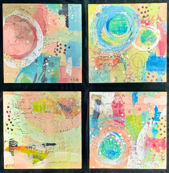 Confetti I, II, III &amp; IV, encaustic collage and oil stick on birch panel painting by Cerulean Arts Collective Member Sandra Koberlein.