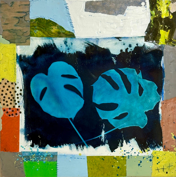 Abstract artwork with blue leaf shapes on a dark background, surrounded by various colored patches.