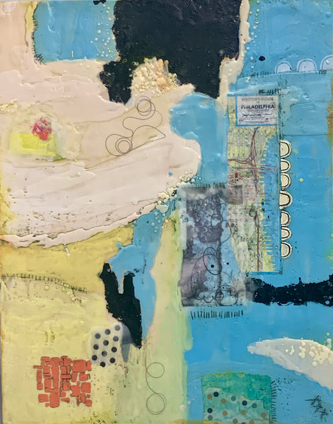 Find Your Way I, encaustic, collage, oil, horsehair and pastel on birch panel painting by Cerulean Arts Collective Member Sandra Koberlein