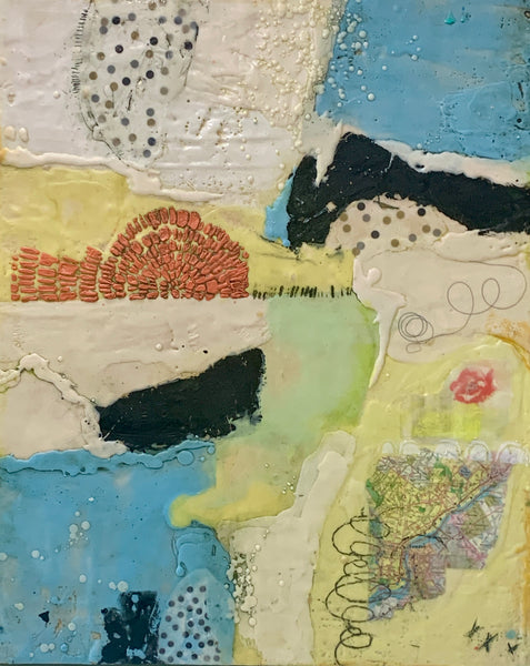 Find Your Way III, encaustic, collage, oil, horsehair and pastel on birch panel painting by Cerulean Arts Collective Member Sandra Koberlein