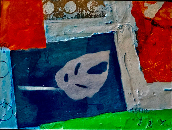 Abstract mixed media collage with a leaf shape on a multicolored background