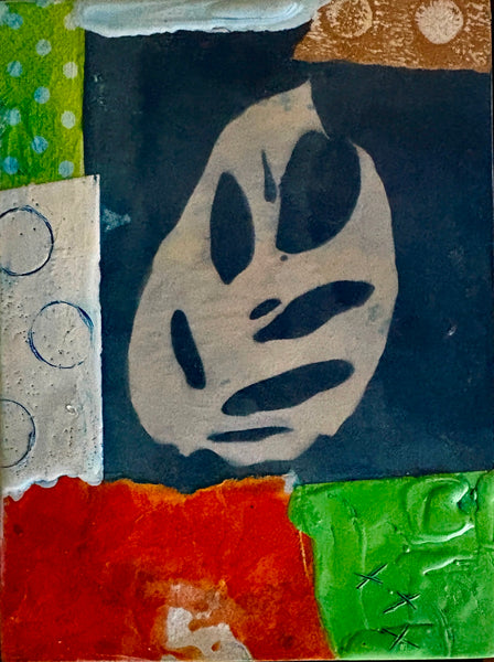 Abstract art piece with a leaf-like shape on a dark blue background