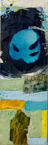 Abstract mixed media collage with blue, black, and green colors on a textured background