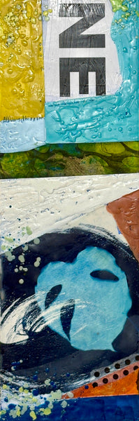 Mixed media collage with abstract shapes and a blue leaf-like shape
