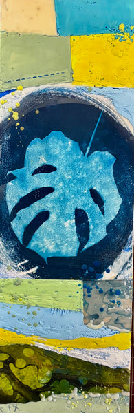 Abstract mixed media collage with blue leaf-like shape on a multicolored background