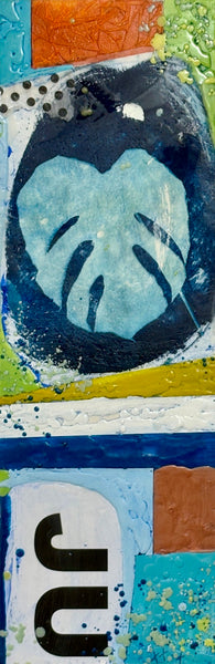 Mixed media collage with a print of a leaf with colorful abstract background