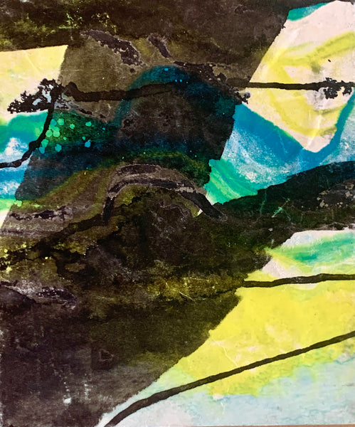 Lively I, encaustic and India ink wrapped on birch panel monotype print painting by Cerulean Arts Collective Member Sandra Koberlein