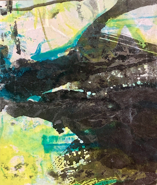 Lively I, encaustic and India ink wrapped on birch panel monotype print painting by Cerulean Arts Collective Member Sandra Koberlein