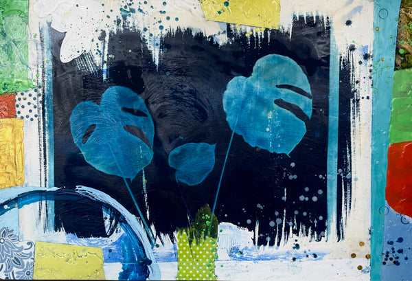 Abstract mixed media artwork with blue leaf-like shapes and splashes of color