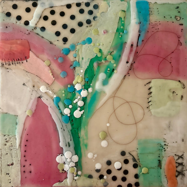 Abstract mixed-media artwork on a square panel with layered pastel pink, mint green, teal, cream, black polka dots, white and blue dots, and organic scribbled lines.