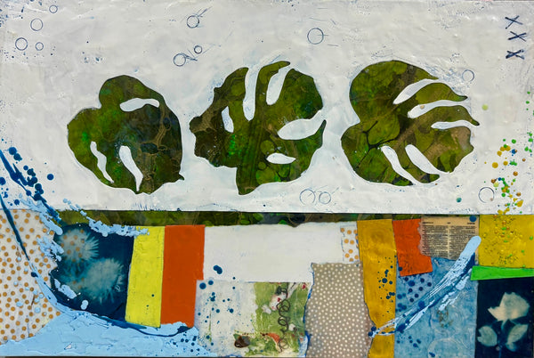 Mixed media painting depicting three green leaves on a textured surface with abstract patterns and bright colors 