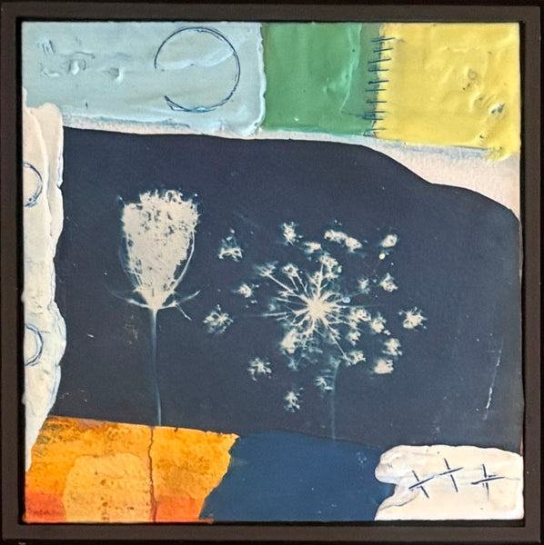 Artistic depiction of flowers on a textured background with abstract elements