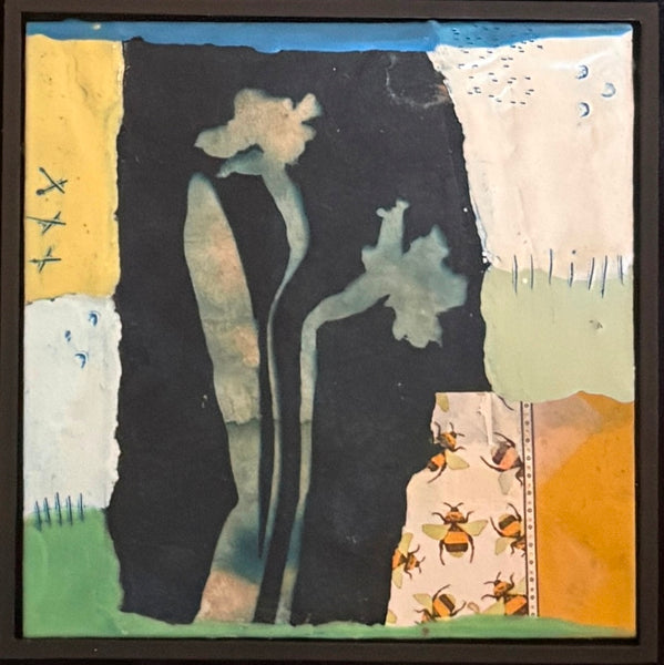 Collage art with abstract shapes and patterns on a textured background