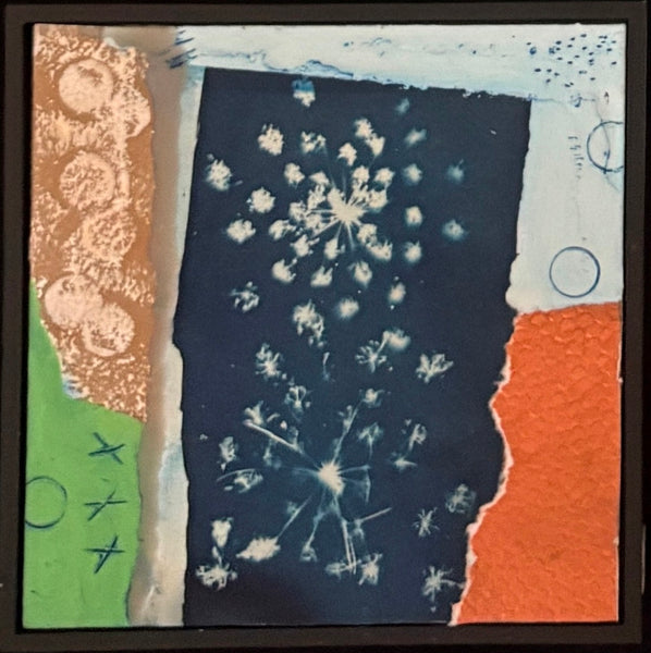 Artistic print of flowers on a textured background with colorful borders