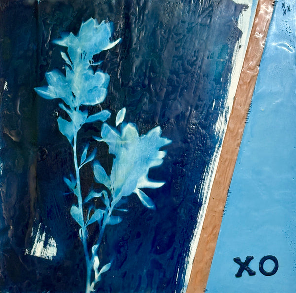 Mixed media painting with a blue leafy plant on a textured dark blue background with 'XO' text.