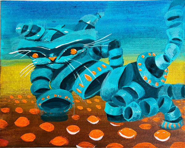 Mech-Cat Mirage, acrylic on canvas board painting by Philadelphia artist Lindsay Kovnat, available at Cerulean Arts.