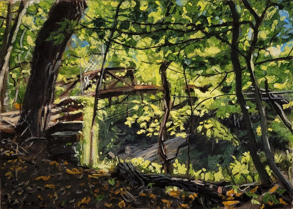 Painting of a forest scene with trees and underbrush