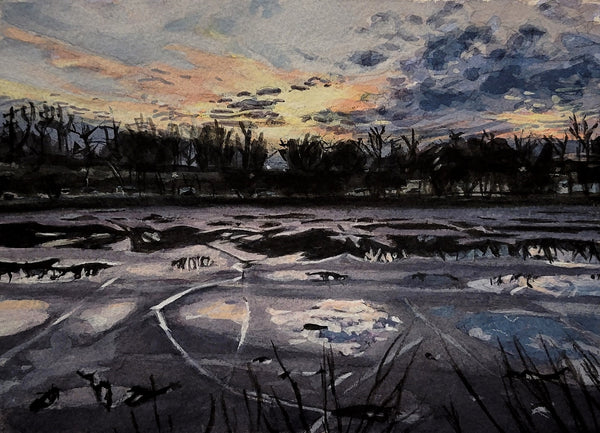 Artistic depiction of a landscape with water and trees at sunset.