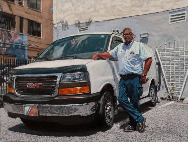 Man with Van (Portrait of Brent), ink, watercolor and gouache on paper painting by Philadelphia artist Michael Kowbuz available at Cerulean Arts