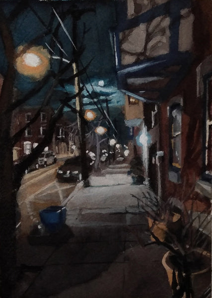 Moonlight Street, ink, watercolor and gouache on paper painting by Philadelphia artist Michael Kowbuz available at Cerulean Arts
