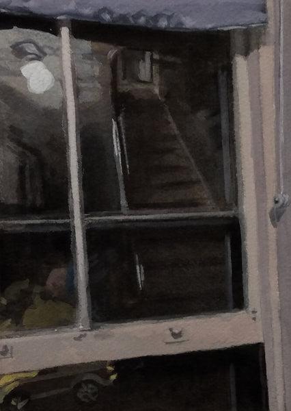 Night Stair, ink, watercolor and gouache on paper painting by Philadelphia artist Michael Kowbuz available at Cerulean Arts.