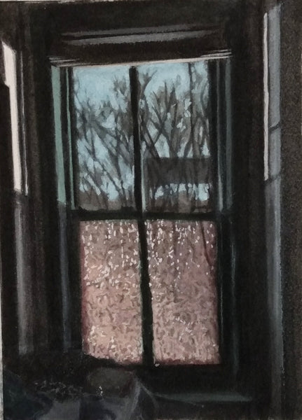 Night Window, ink, watercolor and gouache on paper painting by Philadelphia artist Michael Kowbuz available at Cerulean Arts