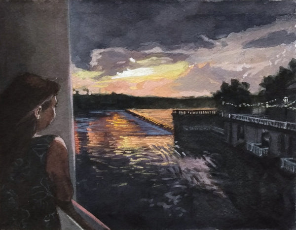 River at Dusk, ink, watercolor and gouache on paper painting by Philadelphia artist Michael Kowbuz available at Cerulean Arts. 