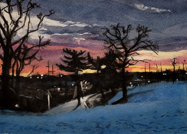Artistic depiction of a snowy landscape with trees and a sunset sky.