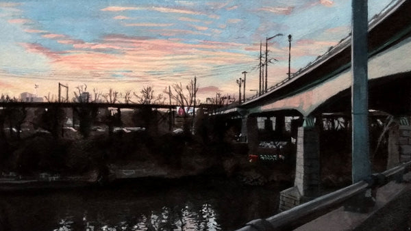 Spring Bridge, ink, watercolor and gouache on paper painting by Philadelphia artist Michael Kowbuz available at Cerulean Arts