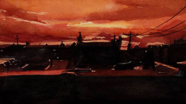 Summer Sunset, ink, watercolor and gouache on paper painting by Philadelphia artist Michael Kowbuz available at Cerulean Arts