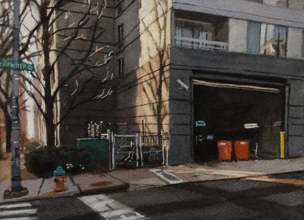 Sunrise Street, ink, watercolor and gouache on paper painting by Philadelphia artist Michael Kowbuz available at Cerulean Arts. 