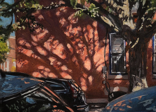 Artistic depiction of a street scene with trees casting shadows on a building.