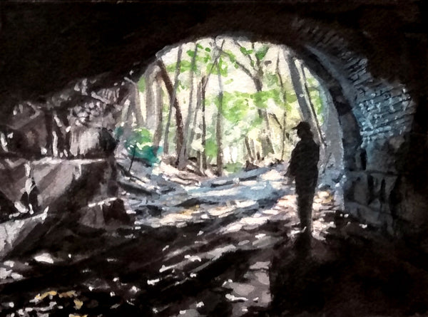 Tunnel, ink, watercolor and gouache on paper painting by Philadelphia artist Michael Kowbuz available at Cerulean Arts.