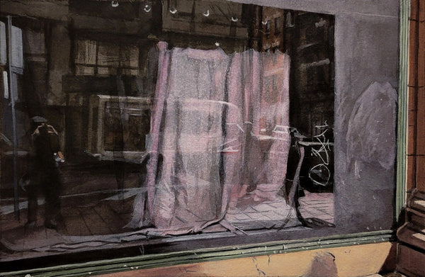 Reflection in a storefront window on a city street with cars, buildings, figures, draped fabric, and graffiti 