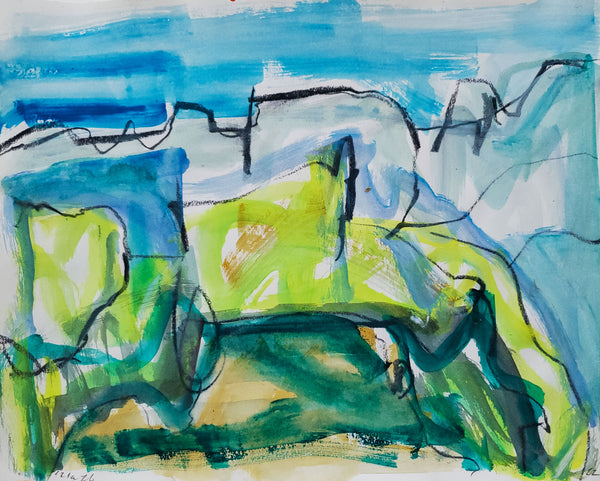 Blue in Green, pencil, gouache and artist crayons on paper abstract painting by Cerulean Arts Collective Member Alan Lankin