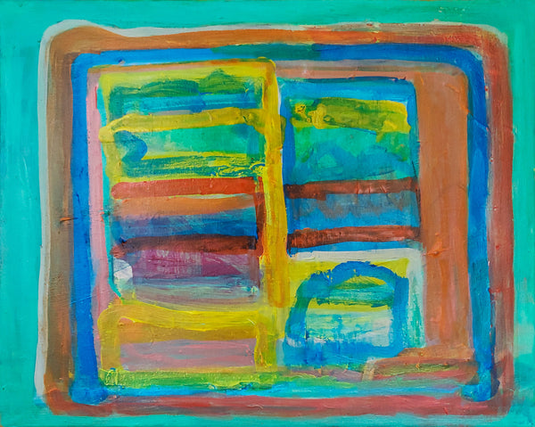 Abstract art with colorful brush strokes on a teal background