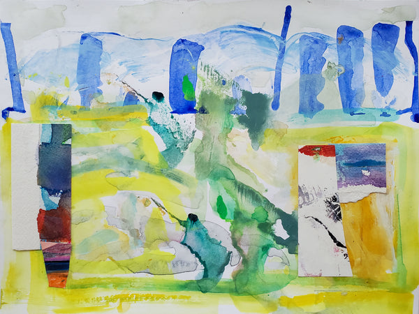 Abstract art piece with blue, green, and yellow colors on a white background