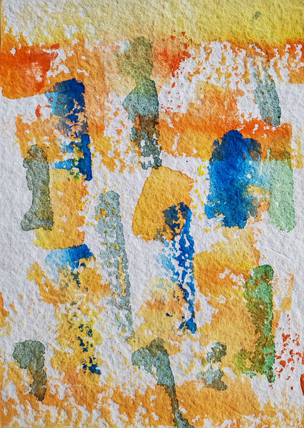 Abstract watercolor painting with orange, blue, and green colors on a textured paper background.