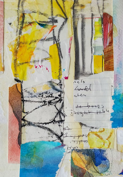 Abstract mixed-media collage artwork featuring torn paper, watercolor washes in yellow, blue, pink, and white, charcoal scribbles, and handwritten text.